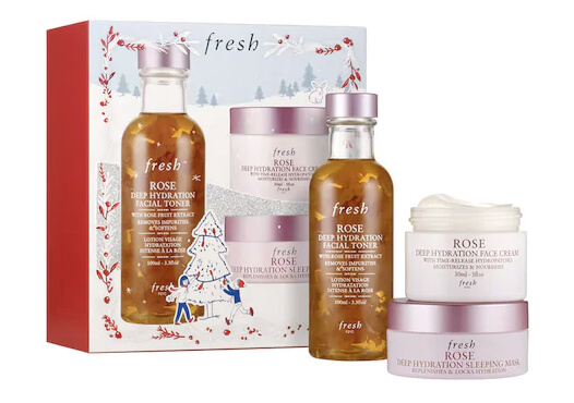 Fresh Day & Night Hydration Limited Edition 3 pcs./ Set  ภายในเซ็ตประกอบ  Rose Deep Hydration Facial Toner 100 ml  Rose Deep Hydration Face Cream 30 ml Rose Deep Hydration Sleeping Mask 70 ml